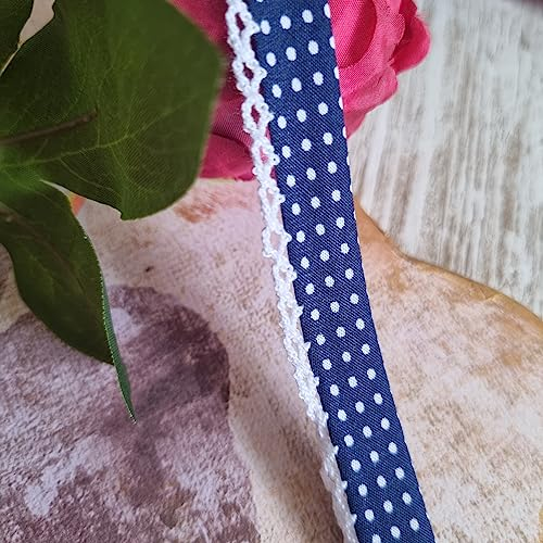Designer Popeline Schrägband Kariert, Gepunktet Mit Spitze Baumwolle OEKO-TEX Made in Holland (Gepunktet Dunkelblau)