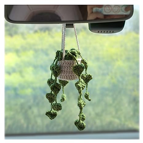 JNNJ Cute Handmade Crochet Potted Plant Car Hanging Ornament, Hanging Plant for Automotive Decoration, Auto Inside Mirror Hanging Accessories, Rear View Mirror Decor Pendant for Cars