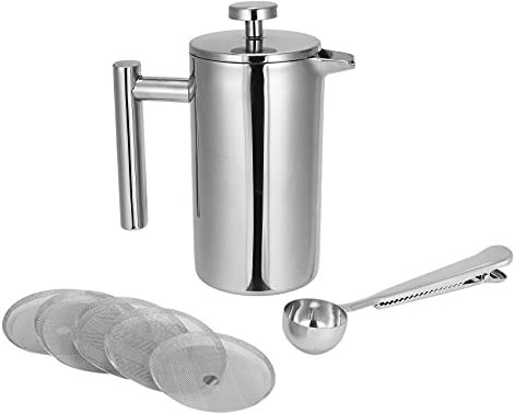 Lodokdre 350 ml French , 12 Ounces, Double Wall Tea Cafetiere Kettle Made of Stainless Steel with Coffee Measuring Spoon and 5 Filter Strainers