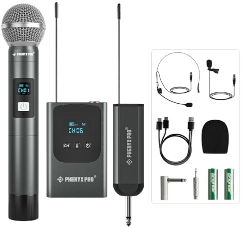 Phenyx Pro Dual Digital Wireless Microphone System, w/Handheld Dynamic Microphone, Bodypack Transmitter, Mini Receiver, 2x15 UHF Frequencies, Headset/Lapel Mic for Singing (PDP-2-1H1B)