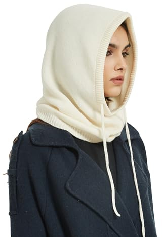 Unisex Balaclava Kapuzen Mützen Schal, 10% Kaschmir & 90% Wolle, Winter Weich Strick Beanie Hut Schlauchschal 2-in-1, Damen Herren Outdoor Winddicht Warm Loop Schal mit Kapuze Neckwarmer White F