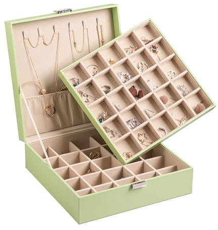 Frebeauty Ohrring-Organizer, klassische Schmuckschatulle, 50 Fächer, doppellagig, Schmuck-Aufbewahrungsbox mit 6 Halskettenhaken und Armbandtasche (Avocado-Grün)