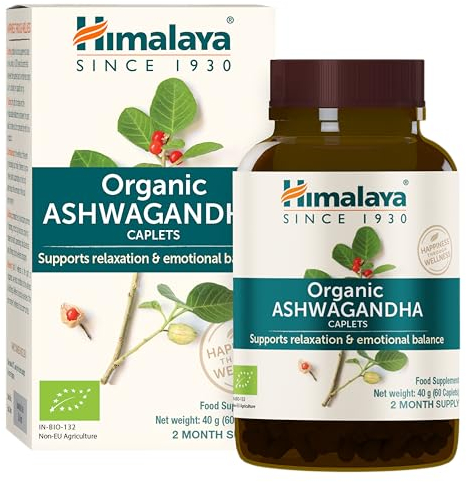 Himalaya Orgánica Ashwagandha (Indian Ginseng) Suplemento de hierbas para el alivio del estrés, apoyo a la energía, insomnio ocasional, certificado orgánico, vegano, 670 mg, 60 cápsulas