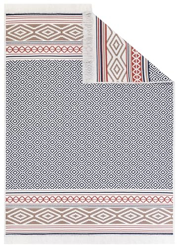 TAPISO Azteca Teppich Kurzflor mit Fransen Baumwolle Creme Schwarz Mehrfarbig Vintage Design Waschbar Beidseitig Anwendbar Wohnzimmer Schlafzimmer ÖKOTEX 80 x 200 cm