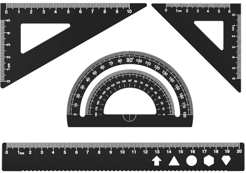 MSDADA Set di 4 righelli in lega di alluminio, goniometro matematico, set di strumenti ideali per disegnare, misurare studenti, insegnanti, architetti, ingegneri (nero)
