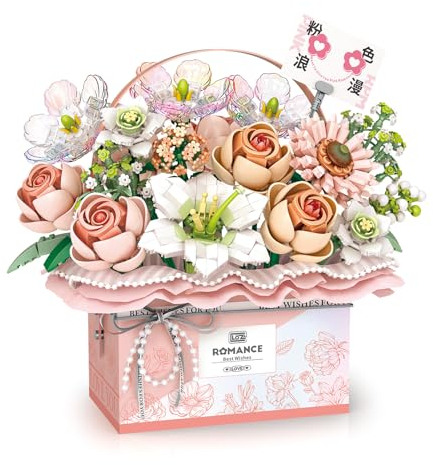 RSDHFLY Rosen Bonsai Bausatz,Blumen Baustein DIY Blumenstrauß Set,Handheld Geschenkbox, für Erwachsene und Kinder (Rosa)