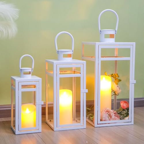 TRIROCKS Set of 3 Decorative Metal Lantern Large Hanging Outdoor Candle Holder 48/38/30cm with Tempered Glass Panels for Home Decor Parties Garden (Matte White)