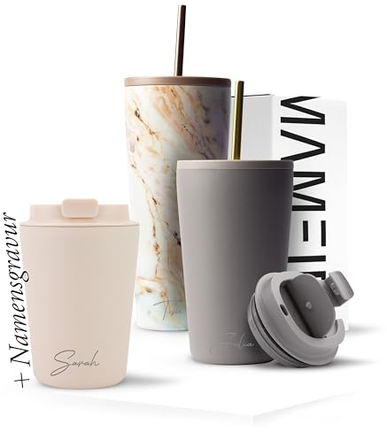 MAMEIDO Thermobecher personalisiert 350ml - Kaffeebecher to go mit Namen aus Edelstahl doppelwandig isoliert, auslaufsicher - Namensgravur als personalisiertes Geschenk (Ivory Beige, 0,35l)