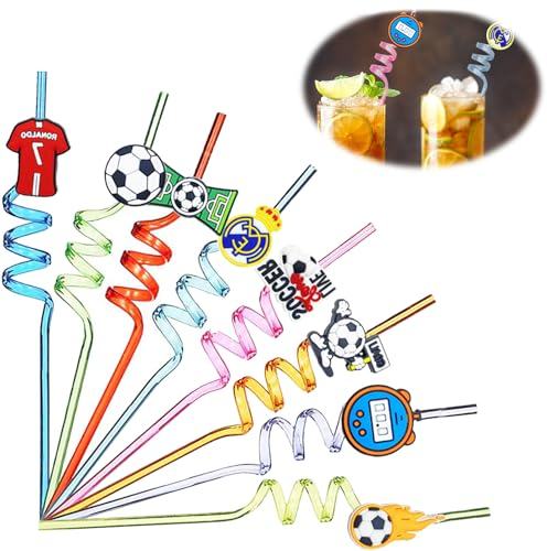 Football Pailles Réutilisables en Plastique, 8Pcs Paille Plastique pour Enfant, Pailles Colorées en Spirale pour Fans de Football(A)
