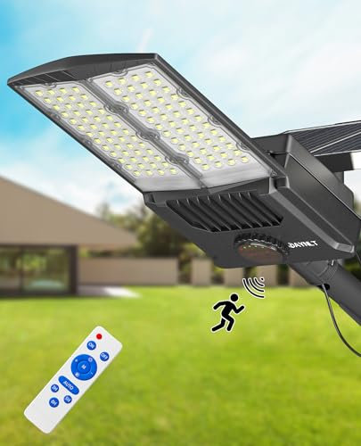 JAYNLT Y-9000W Lampadaire Solaire Exterieur, 6500K Spot Solaire Exterieur avec Télécommande, IP67 Étanche Projecteur Solaire avec Detecteur de Mouvement pour Jardin, Cour, Maison, Allée, Garage