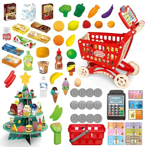 RedCrab Carrito de Compra para Niños con Caja Registradora y Estante de Árbol de Navidad, 84Pcs Juego de Accesorios de Cocina Tienda, Juguetes Educativo de Regalo Adecuado para Niños 3+ Años(Rojo)
