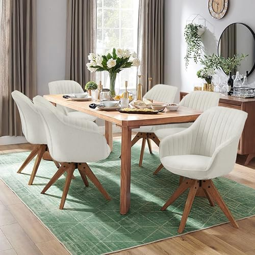 Zouron Esszimmerstühle 6er Set - Drehstuhl Beige 6er Baumwoll Leinen Polsterstuhl Armlehnstuhl 6er Set Sessel Massivholzbeine bis 130kg Belastbar Sitzfläche 43x43cm Wohnzimmerstuhl