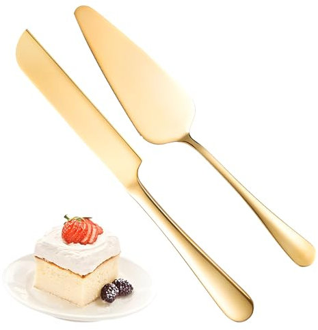 LHLZNB 2 Pieces Wedding Cake Knife and Server Set, Stainless Steel Cake Cutting Set for Wedding Include Cake Cutter and Cake Server Perfect for Wedding, Christmas, Birthday, Dishwasher Safe (Golden)