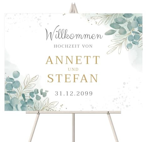 Personalisiertes Willkommensschild zur Hochzeit, Größe wählbar: DIN A3, A2 oder A1 - Eukalyptus Design - mit intensivem UV-Druck mit Ihren Namen, Datum und Text, 3mm Dick