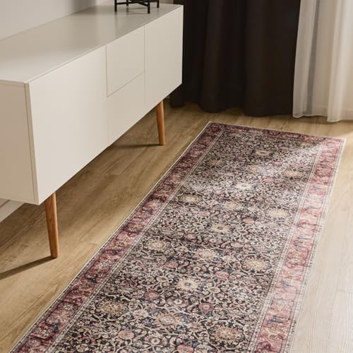 benuta Basic Waschbarer Teppich George - Multicolor/Rot 80x240 cm - Kunstfaser - Läufer & im Style: Vintage, Elegant, Retro - Pflegeleicht für Wohnzimmer Schlafzimmer Flur