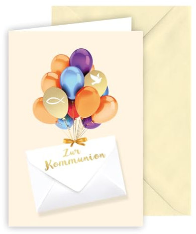 KE - Elegante Geldscheinkarte zur Kommunion, Karte mit Umschlag, vanille, Motiv: Luftballons, Brief, Goldprägung, Ausstanzung, Format: B6