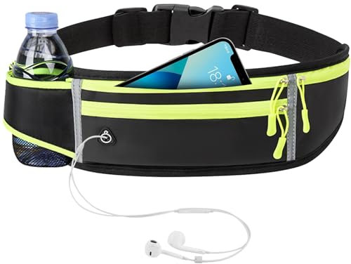 Mayoii Running Belt with Water Bottle Holder, Adjustable Waterproof Sports Waist Pack, for Cycling, and Fitness, Phone Pocket, Reflective Strip, Breathable Quick-Dry Fabric, Earphone Hole (Black)