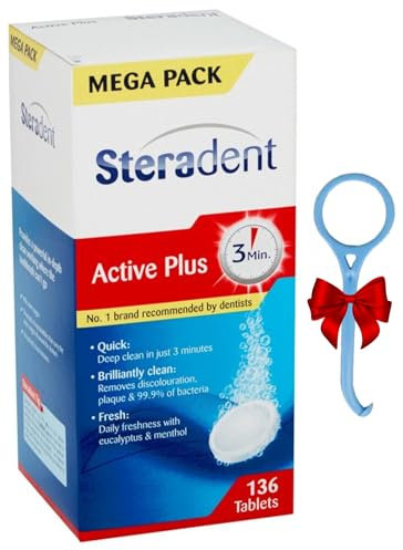 Retainer Cleaner Active Plus 136 Tablets (3.5 Months Supply) + Bonus Removal Tool – Brite & Fresh Dental Cleaning for Dentures, Aligners, Invisalign, Mouthguards – Odor-Free, Kills 99.9% Bacteria