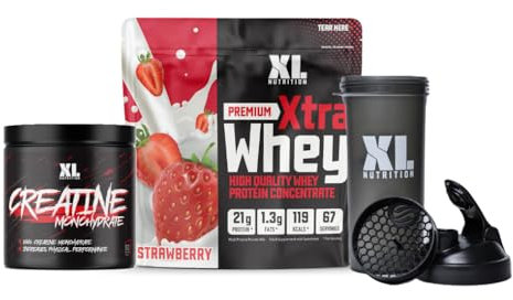XL Nutrition Creatine Monohydrate Powder & Whey Protein Bundle. High Protein, Low Carb, Supports Muscle Growth, Includes Shaker Bottle (2kg, Strawberry)