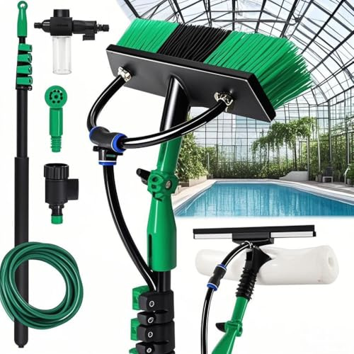 Hebitod Cepillo telescópico con conexión de agua de 4,8 m, limpiador de terrazas telescópico de aluminio, juego de limpieza de ventanas con boquilla giratoria de 360°, adaptador de alta presión y