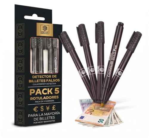 ISP BEST Pack 5 Detector de Billetes Falsos Profesional – Rotulador Antifraude y Marcador de Seguridad para Euros, Dólares, Libras – Ideal para Tiendas, Comercios y Cajas Registradoras