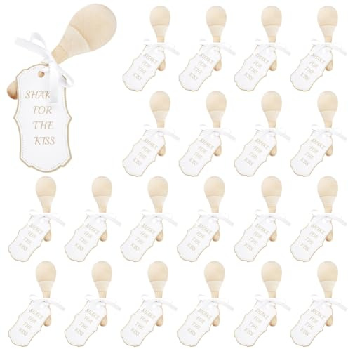 AHANDMAKER 20 Mini Maracas Aus Holz Für Hochzeiten Maracas Aus Holz Mit Elfenbeinfarbenem Band Und Kartenanhängern Tischgeschenke Musikinstrument Für Hochzeiten Mexikanische Party Requisiten