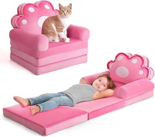 LADIDA Kids Sofa - Foldable & Convertible 2-in-1 Toddler Sofa Chair & Lounger, Removable Washable Cover, Soft Breathable Fabric, No Assembly Needed,Suitable for Living Room and Bedroom (Pink Cat Paw)
