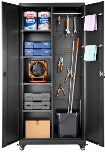 VEVOR Metal Storage Cabinet, 70.6 in Rolling Steel Garage Cabinet with Adjustable Shelves, 2 Magnetic Doors, Hanging Rod & 3 Rod Hooks, 5 Tiers Lockable Tool Storage for Pantry, Warehouse, Basement