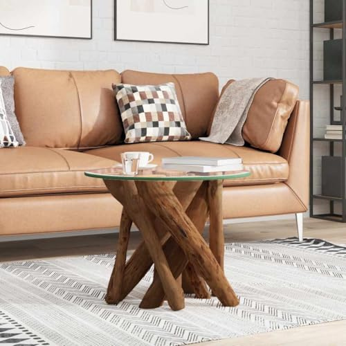 FUDUGEHMIOFWFJJ Table Basse en Bois Flotté Teck Massif 60 cm avec Plateau Verre Trempé, Table d'Appoint Design Unique Rustique Main Fabriquée pour Salon, Salle à Manger, Décoration Intérieure