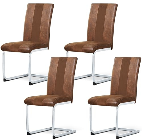 JaHECOME Freischwinger Schwingstühle 4er Set mit Wildlederimitat und hoher Rückenlehne, Esszimmerstühle mit verchromtem Metallgestell für Wohnzimmer Esszimmer Büro (4, braun)