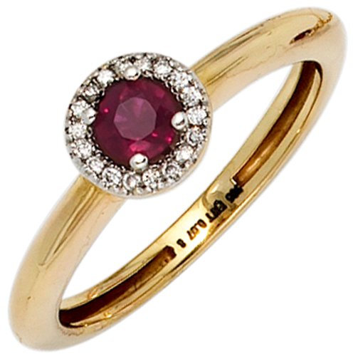 Schmuck Krone Ring Damenring mit Rubin & 18 Diamanten Brillanten 585 Gold Gelbgold, Ringgröße:Innenumfang 54mm ~ Ø17.2mm