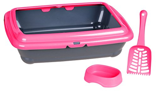Click & Secure Basic Large Cat Litter Tray 45 x 35cm/18 x 14, Flat & Deep Rectangular Litter Box Loo with Rim, Kitty Litter Scoop and Food/Water Bowl Designed & Made in Italy for Adult Cats Pink
