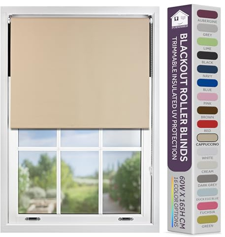 FURNISHED Blackout Roller Blind with Metal Fittings Trimmable Insulated Thermal Fabric Heavy-duty Easy Install Brackets Window Roller Blinds - Cappuccino, 180W x 210H cm