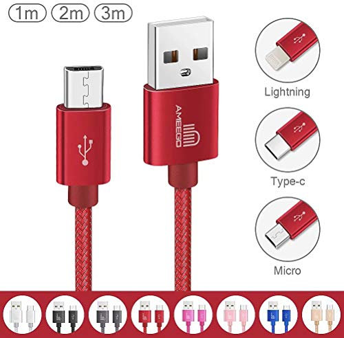 ameego [3Pack 1m+2m+3m] High Speed Strong Nylon Braided Tangle-Free 3.1A Micro USB Data Charge Cable for Samsung, HTC, Nokia, Sony, Kindle, PS3, Speaker, Power bank and More Micro USB Devices (Red)