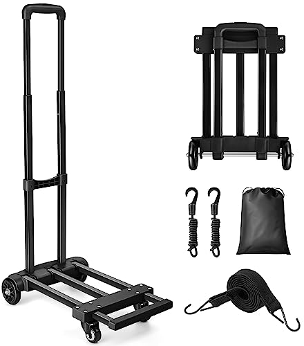 KEDSUM Faltbare Sackkarre mit 4 Rädern, leichter Dolly Cart faltbar mit 2 elastischen Seilen, solide Konstruktion, Mehrzweckgepäckwagen, kompakt für Reisen, Umzug und Büro, einfach zu verstauen