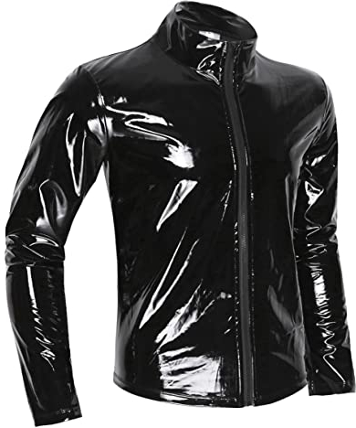 TiaoBug Herren Langarmshirt schwarz Wetlook Kunstleder Jacke Hemd T-Shirt Slim Fit Männer Glanz Tops mit Stehkragen und Reißverschluss Party Clubwear M-XXL Schwarz 1 XL