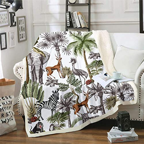 Leopard Decke Zebra Elefant Fleece Wohndecke für Sofa Couch Bett Erwachsene Palme Druck Kuscheldecke Tropische Natur Thema Plüsch Flanell Fleecedecke Raumdekor 150x200cm