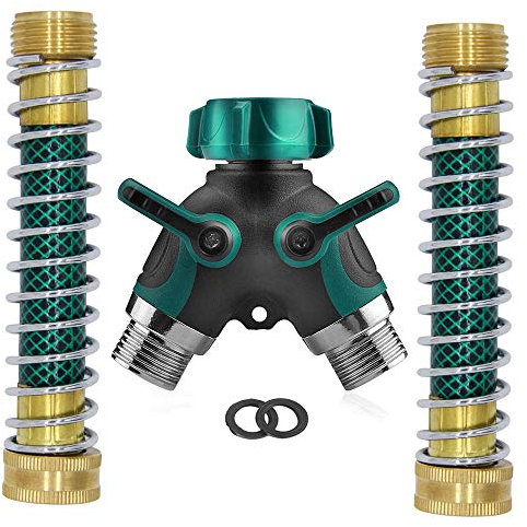 Ambuker Répartiteur de tuyau d'arrosage 2 voies, double connecteur de tuyau avec prise en main caoutchoutée confortable, répartiteur de robinet d'eau avec 2 rallonges de robinet sans nœuds et 2