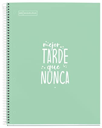 Miquelrius - Taccuino A4, Notebook Messaggi, 1 striscia di colore, 80 fogli a righe, Carta da 90 g/m², 4 fori, Quaderno A4 con copertina rigida, Rilegatura a spirale, Colore verde