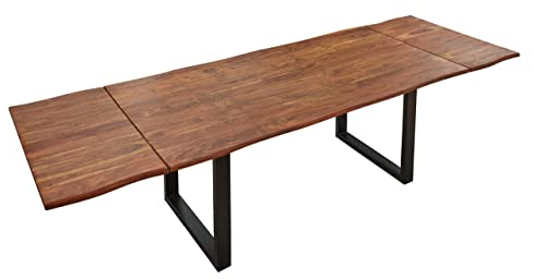 SAM Baumkantentisch 140 (220) x 90 cm Norina, Akazienholz massiv & nougatfarben lackiert, Esszimmertisch inkl. 2 Ansteckplatten, echte Baumkante, Esstisch mit U-Metallgestell in Schwarz