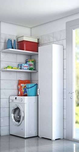 Dmora - Armoire polyvalente Aquilegia, meuble linéaire avec 1 porte battante et 4 étagères réglables, meuble colonne pour salle de bain, 100% Made in Italy, 45x45h195 cm, Blanc