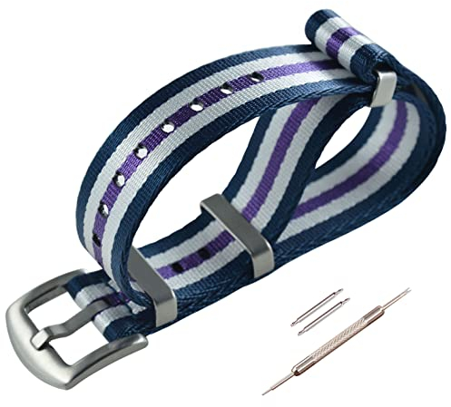MZBUTIQ 20mm Blau/weiß/violett Sicherheitsgurt Uhrenarmband Nylon Watch Straps Ersatz für Herren Damen Gebürstete Schnalle