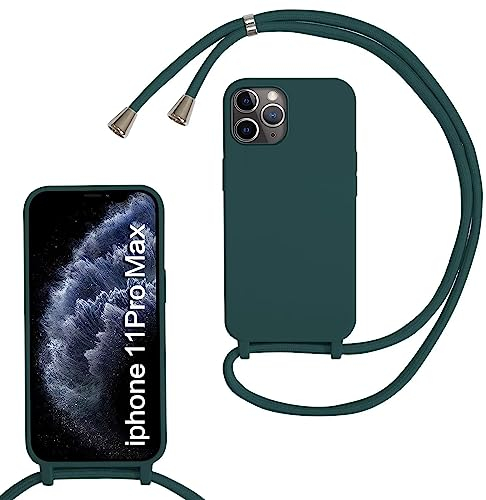 MBSLFY Silikon Handykette für iPhone 11 Pro Max Hülle mit Band,Silikon Necklace Handyhülle mit Abnehmbar Kordel zum Umhängen Stossfest Bumper Handy Schutzhülle für iPhone 11 Pro Max, Dunkel grün
