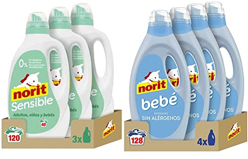 NORIT Sensible - Detergente Líquido Hipoalergénico sin perfume,Pack de 3 X 2120 Ml, 6360 Mililitros & Bebé - Detergente Líquido para Ropa de Bebé, Pack de 4 Unidades de 1125 Mililitros,4500 Mililitros