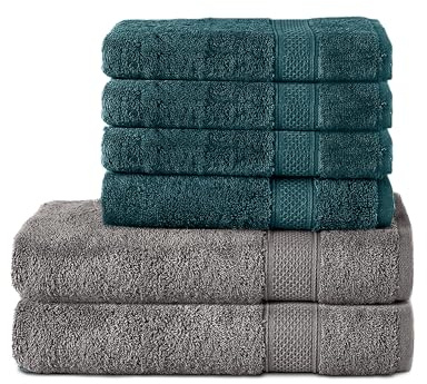 Komfortec 6er Handtuch Set aus 100% Baumwolle, 2er Badetücher 70x140 cm und 4er Handtücher 50x100 cm, Frottee, Weich, Anthrazit Grau/Petrol