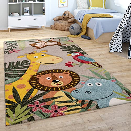 Paco Home Kinderteppich Teppich Kinderzimmer Junge Mädchen Modern Tier Motiv Dschungel Beige Braun Grün, Grösse:80x150 cm