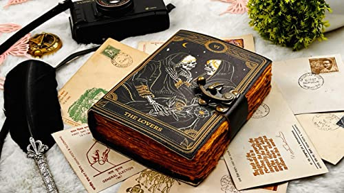 Book of Spells Leather Journal Deckle Edge Paper Grimoire Printed Journal The Lovers Tarot Notebook Spiral Gothic Notebook Skull lover Antique Vintage Leather Journals for Men and Women