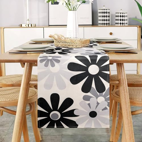 Tischläufer Moderne Schwarz Grau Outdoor Tischläufer Floral Tischmatten Läufer für Esstisch Dekoration Hochzeit Geschenk Party Hochzeit Tischläufer Leinen 33x183 cm