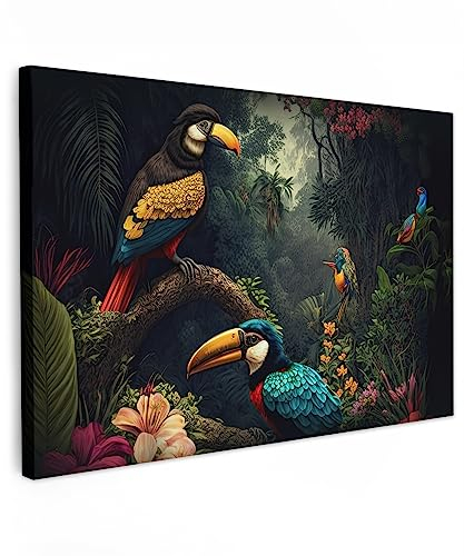 MuchoWow© Wandbilder Groß 120x80 cm XXL Schlafzimmer Home Deko Wohnung Bild Wohnzimmer Fotoleinwand Wand Bilder Leinwand Wall Decor Blumen - Vogel - Dschungel - Pflanzen - Tukan - Natur - Grün