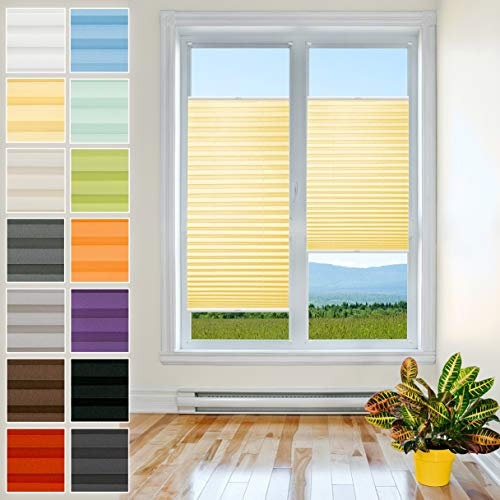 Plisart Premium Plissee Klemmfix Ohne Bohren, Gelb 40x90cm, Sonnenschutz, Lichtdurchlässig, Easyfix Rollo Plissees für Fenster, Faltrollo, Jalousie zum Klemmen, Plisseerollo